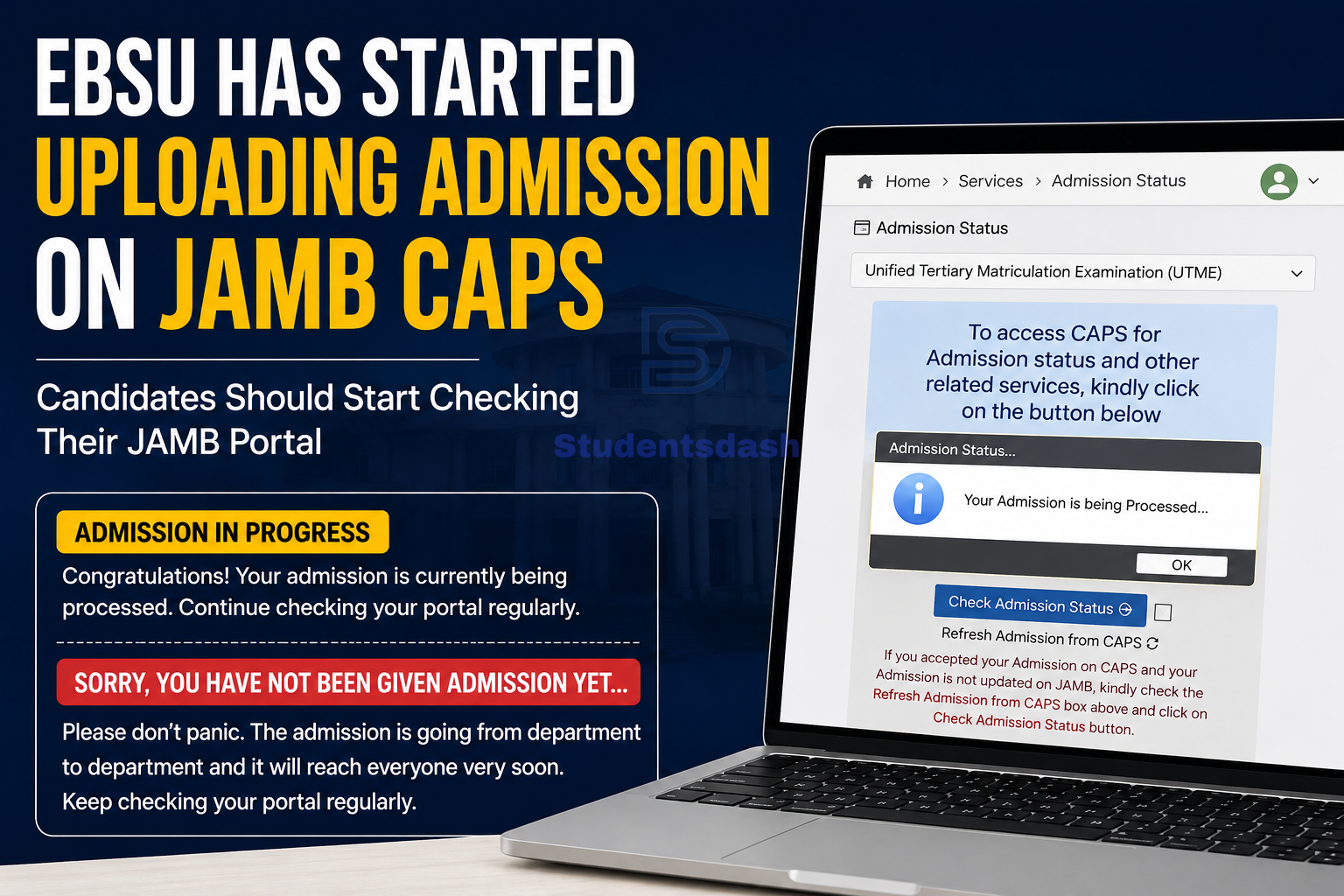 EBSU Has Started Uploading Admission on JAMB CAPS - Candidates Should Start Checking Their Portal