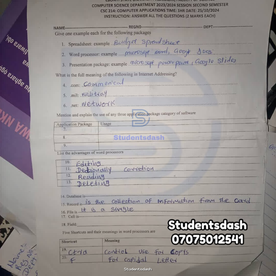 CSC 214 Past Questions and Answers