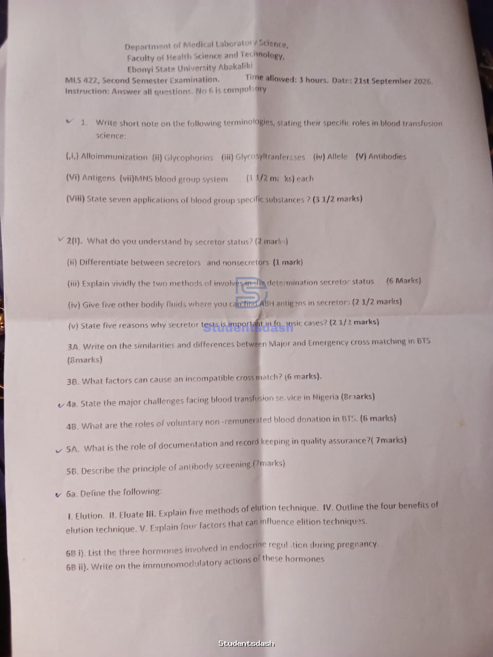 MLS 422 Past Questions and Answers
