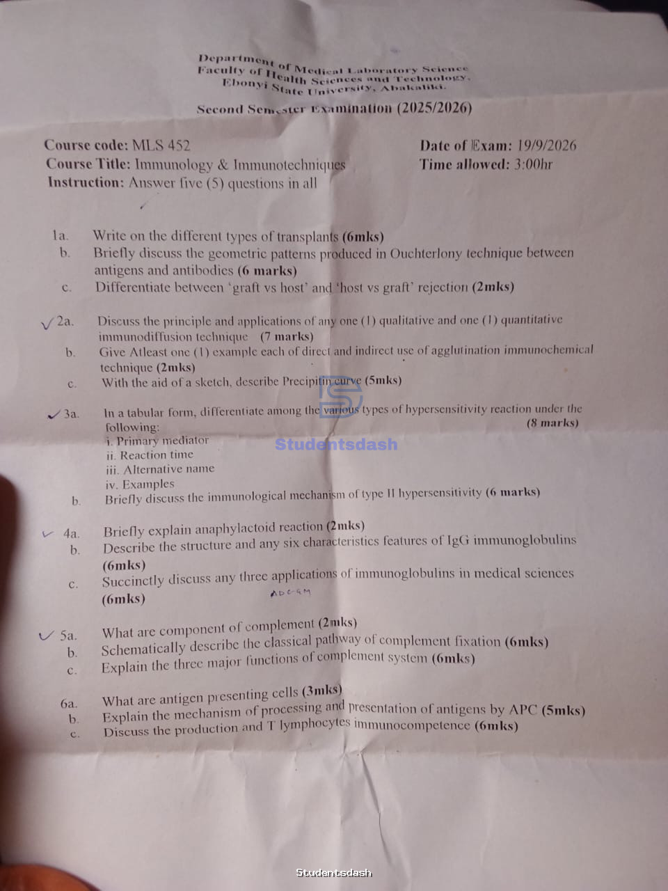 MLS 452 Past Questions and Answers 2025/2026