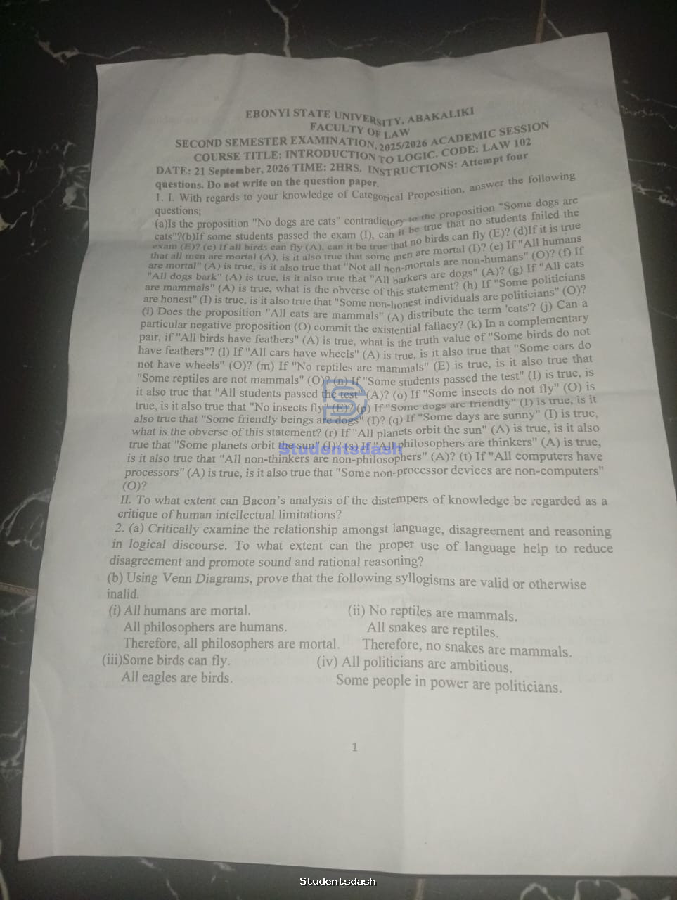 LAW 102 Past Questions and Answers 2025/2026 Introduction to Logic
