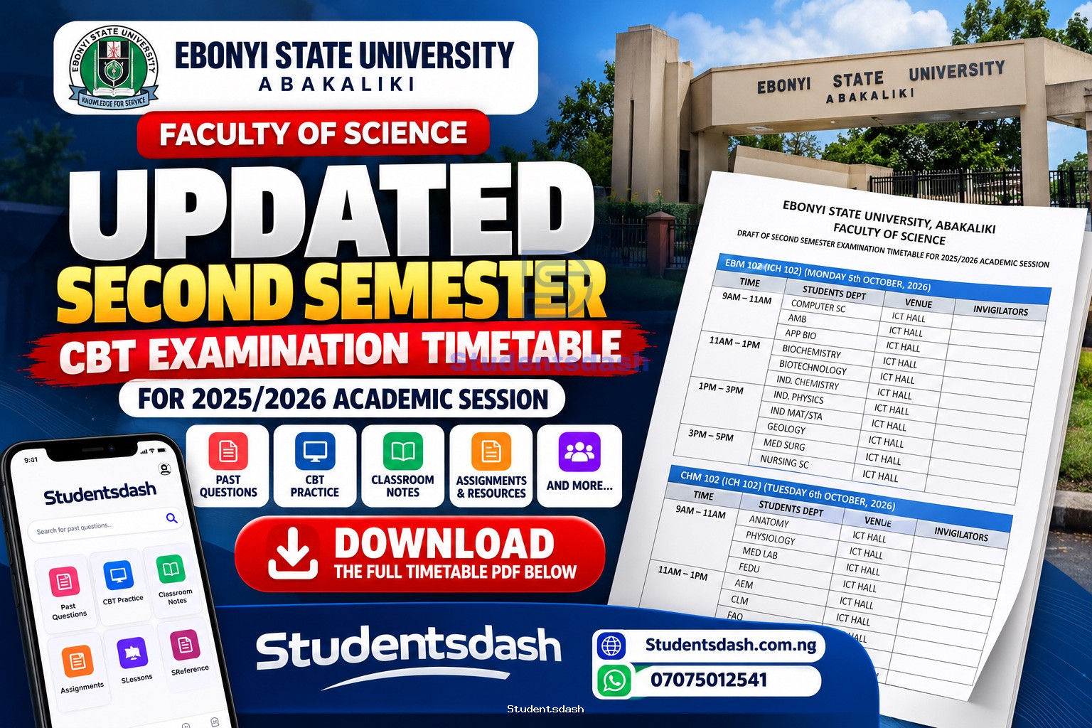 EBSU UPDATED SECOND SEMESTER CBT EXAM TIMETABLE 2025/2026