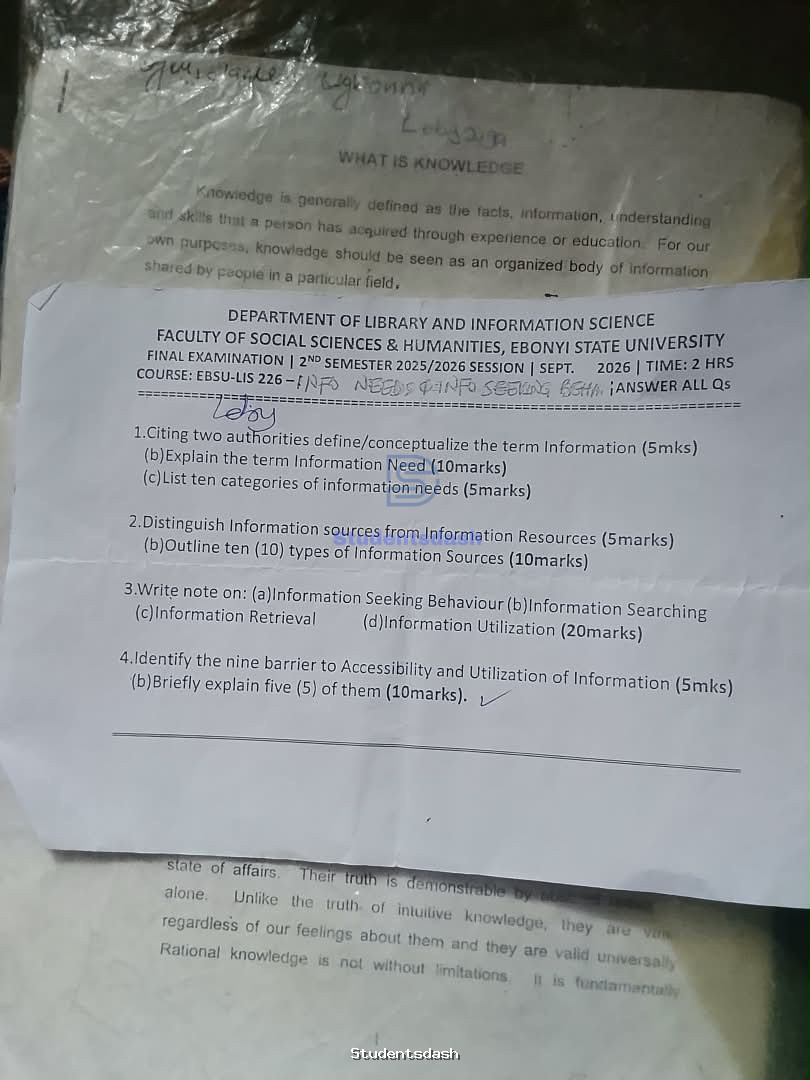 EBSU-LIS 226 Past Questions and Answers