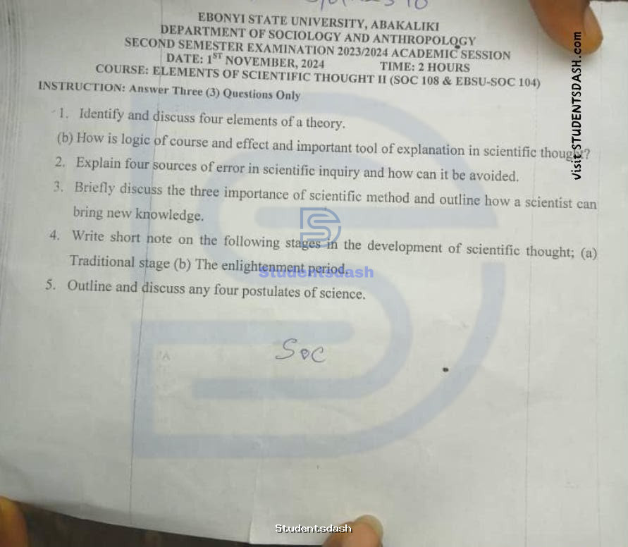 SOC 108 & EBSU SOC 104 Past Questions and Answers