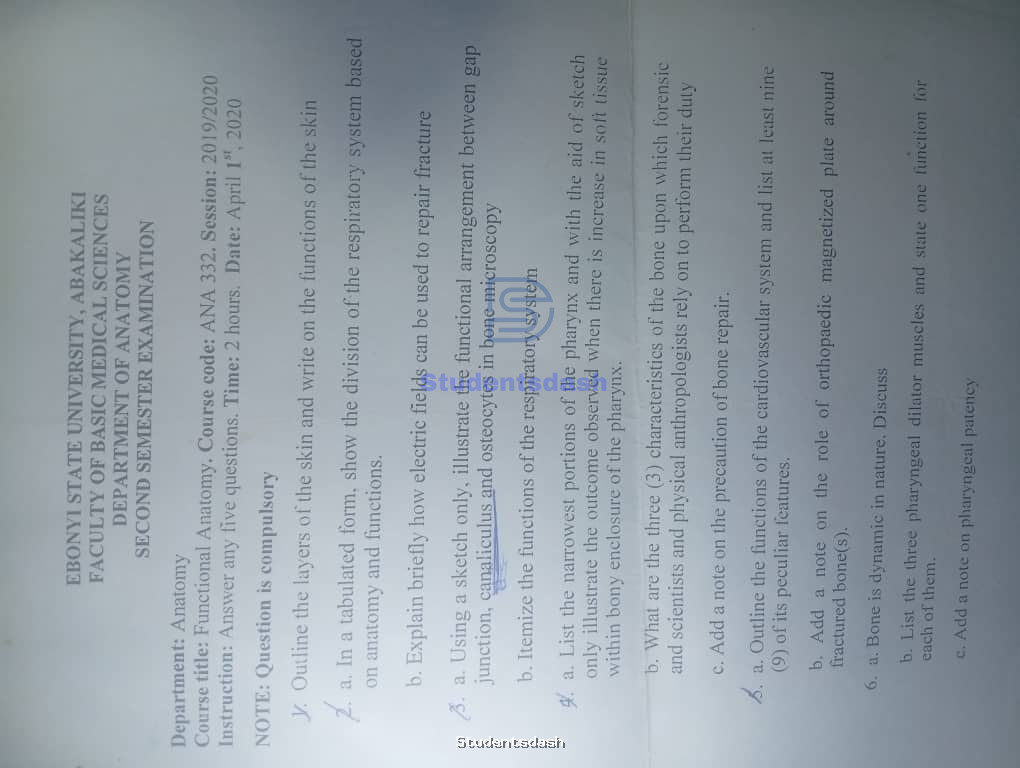 ANA 332 Past Questions and Answers