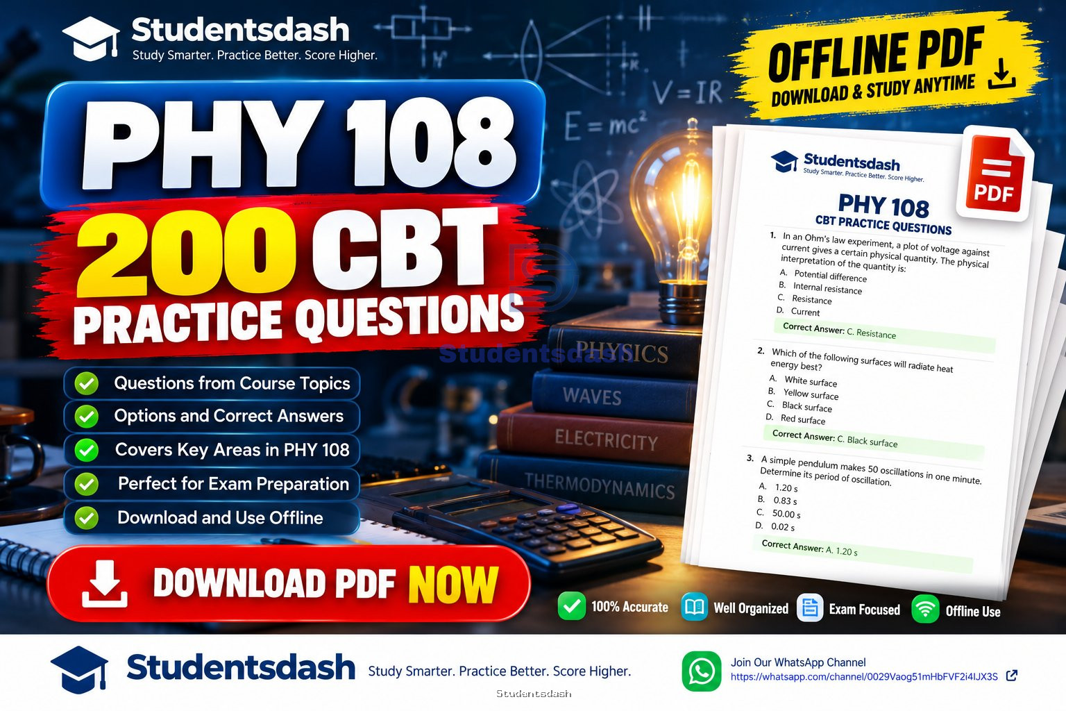 Phy 192 (PHY 108) Past Questions and Answers Pdf