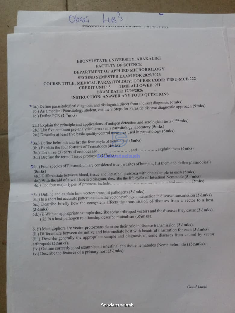 EBSU-MCB 222 Past Questions and Answers