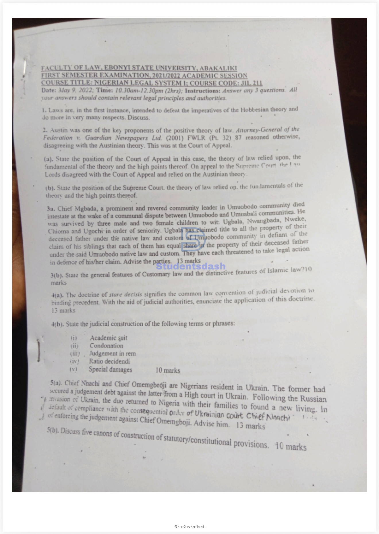 JIL 211 Past Questions and Answers