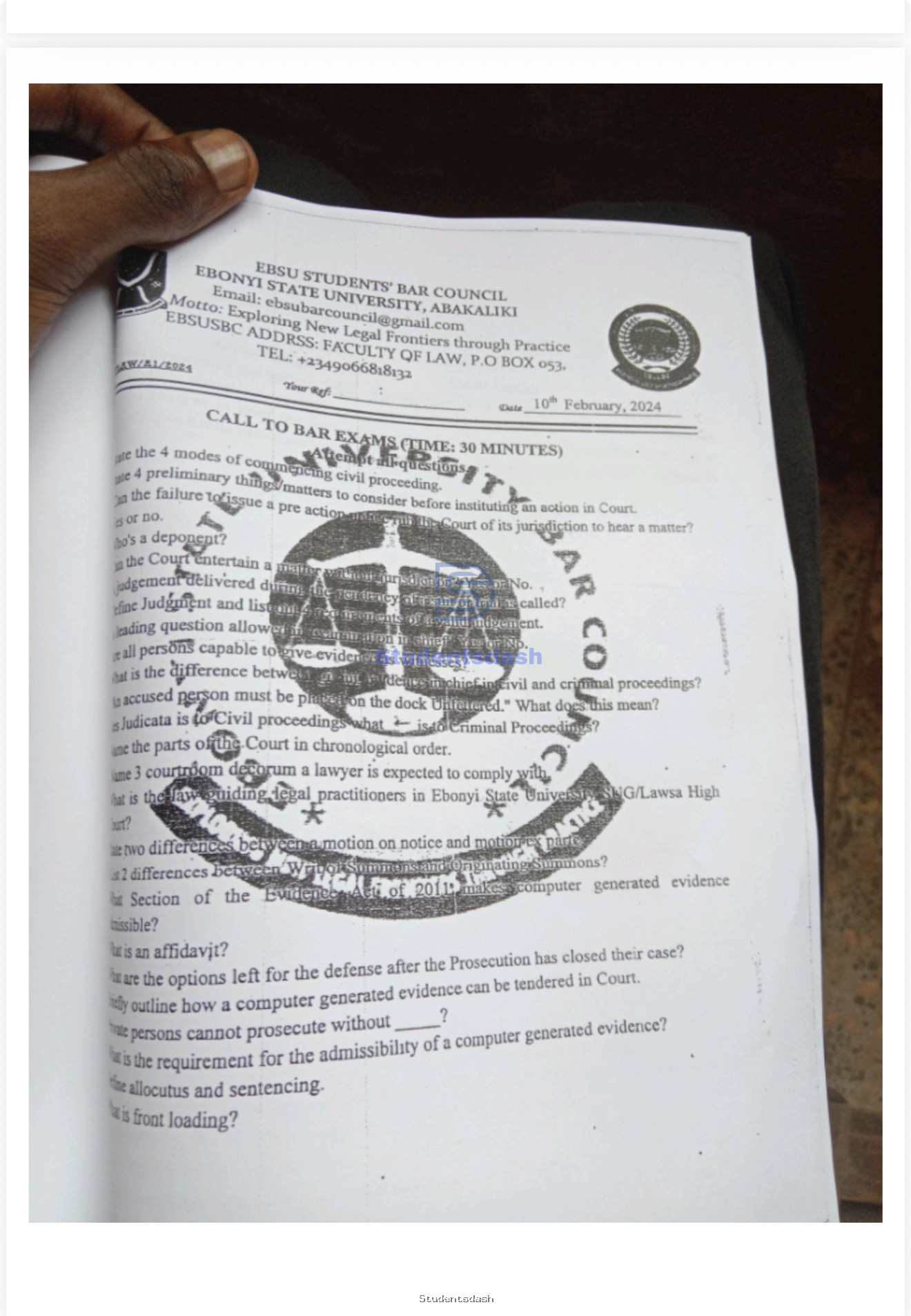 Call to Bar Exam Past Questions and Answers
