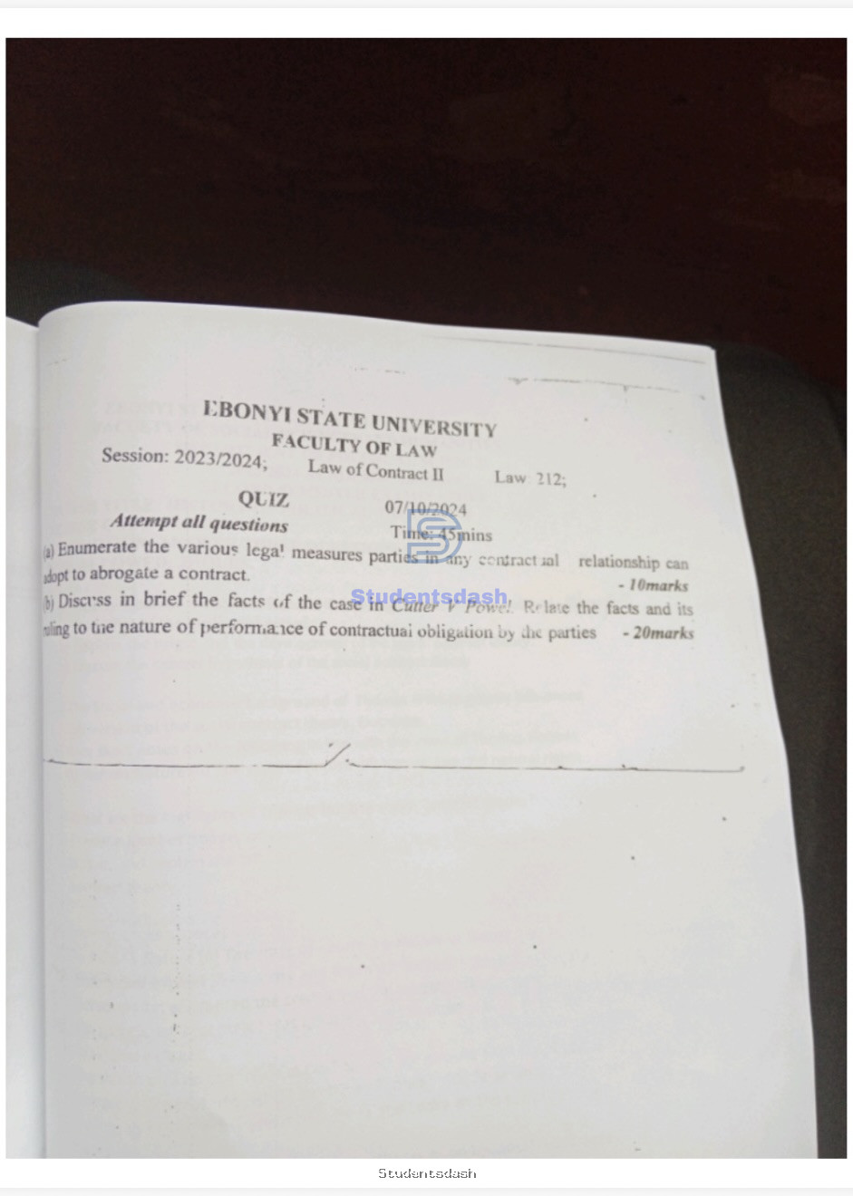 Law of Contract II Quiz Call to Bar Exam Past Questions and Answers