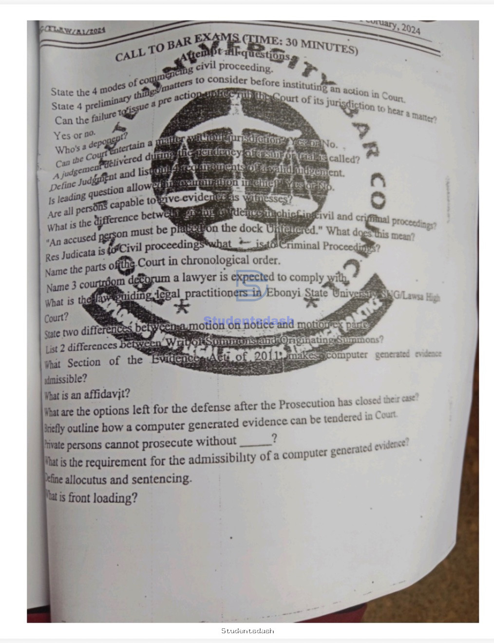 Call to Bar Exam Past Questions and Answers