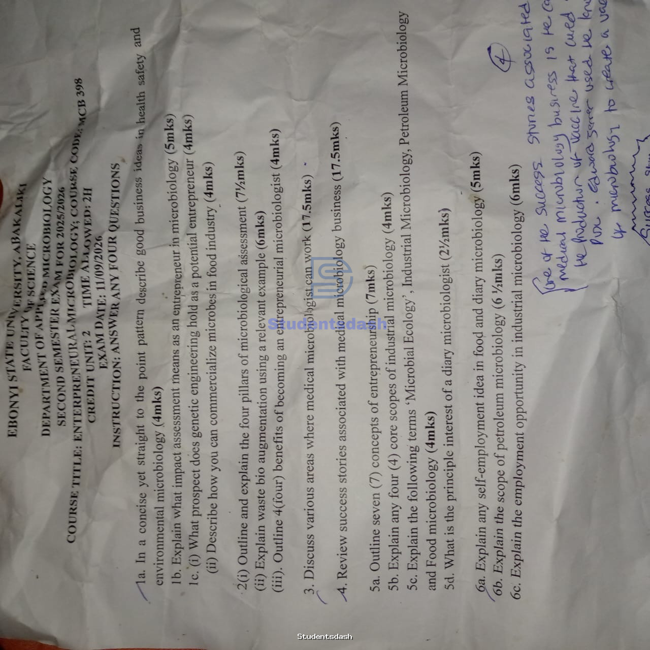 MCB 398 Past Questions and Answers