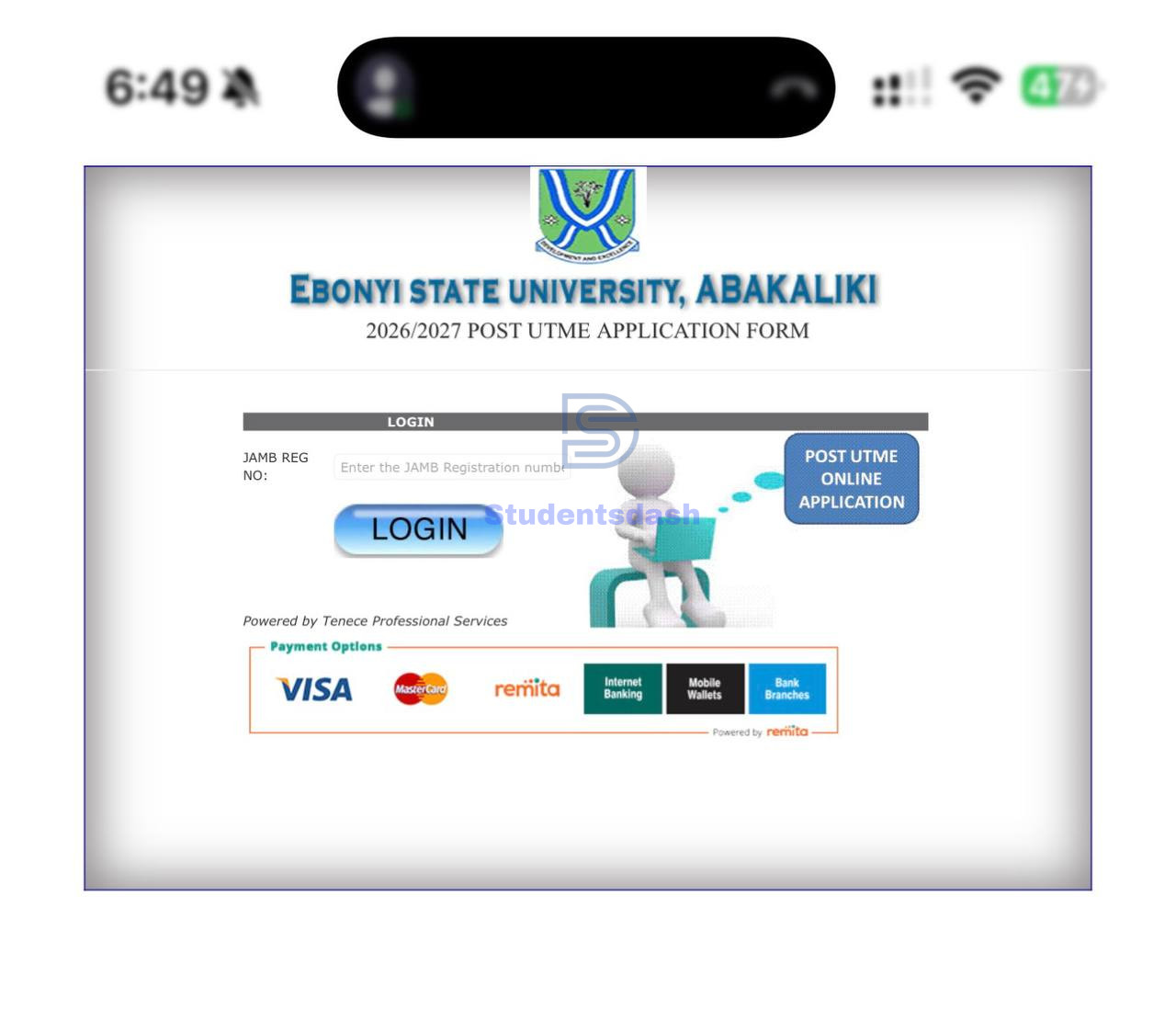 EBSU Activates 2026/2027 Post-UTME and Direct Entry Screening Portal
