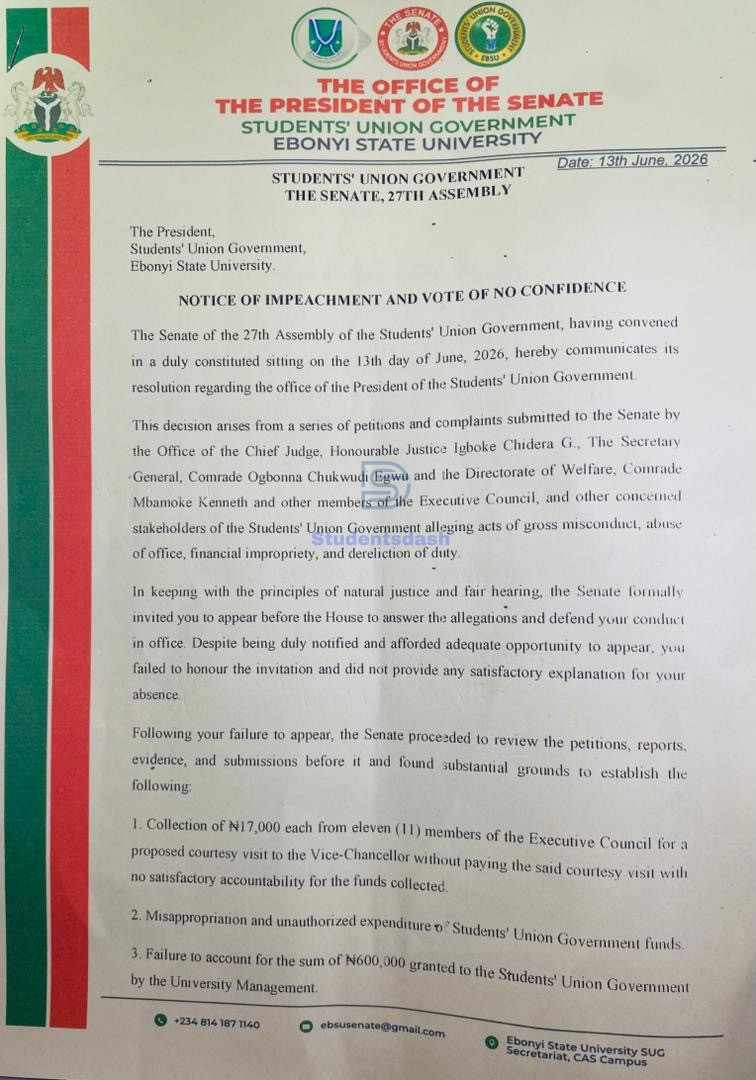 EBSU SUG Senate Passes Vote of No Confidence, Moves to Impeach SUG President