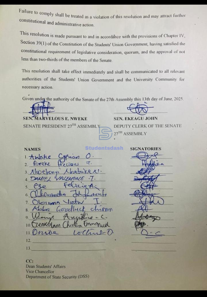 EBSU SUG Impeachment: Senate President Explains Why Chika Nwuhuo Was Removed