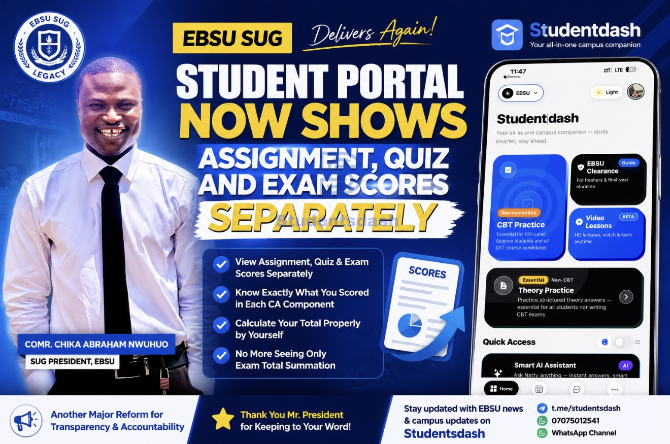 EBSU SUG Delivers Again: Student Portal Now Shows Assignment, Quiz and Exam Scores Separately