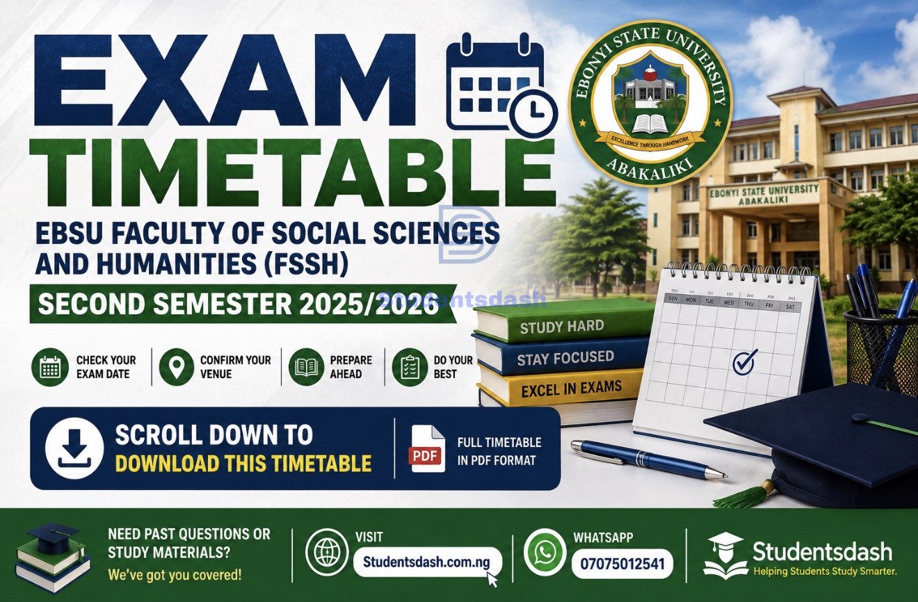 Exam Timetable: EBSU Faculty of Social Sciences and Humanities Second Semester 2025/2026