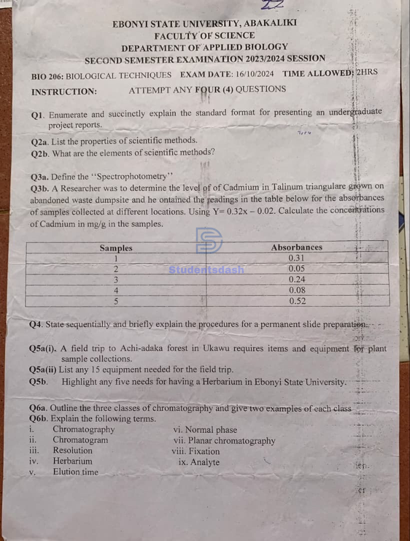BCH 204 / BCH 206 Past Questions and Answers