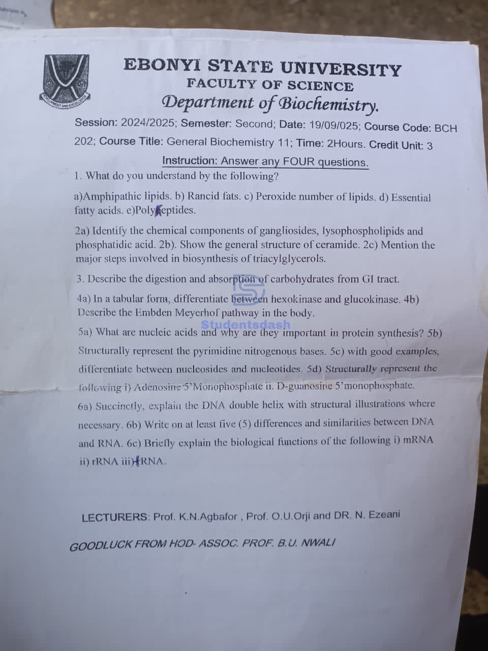 BCH 202 Past Questions and Answers