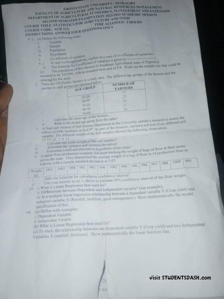 AGR 212 Past Questions and Answers