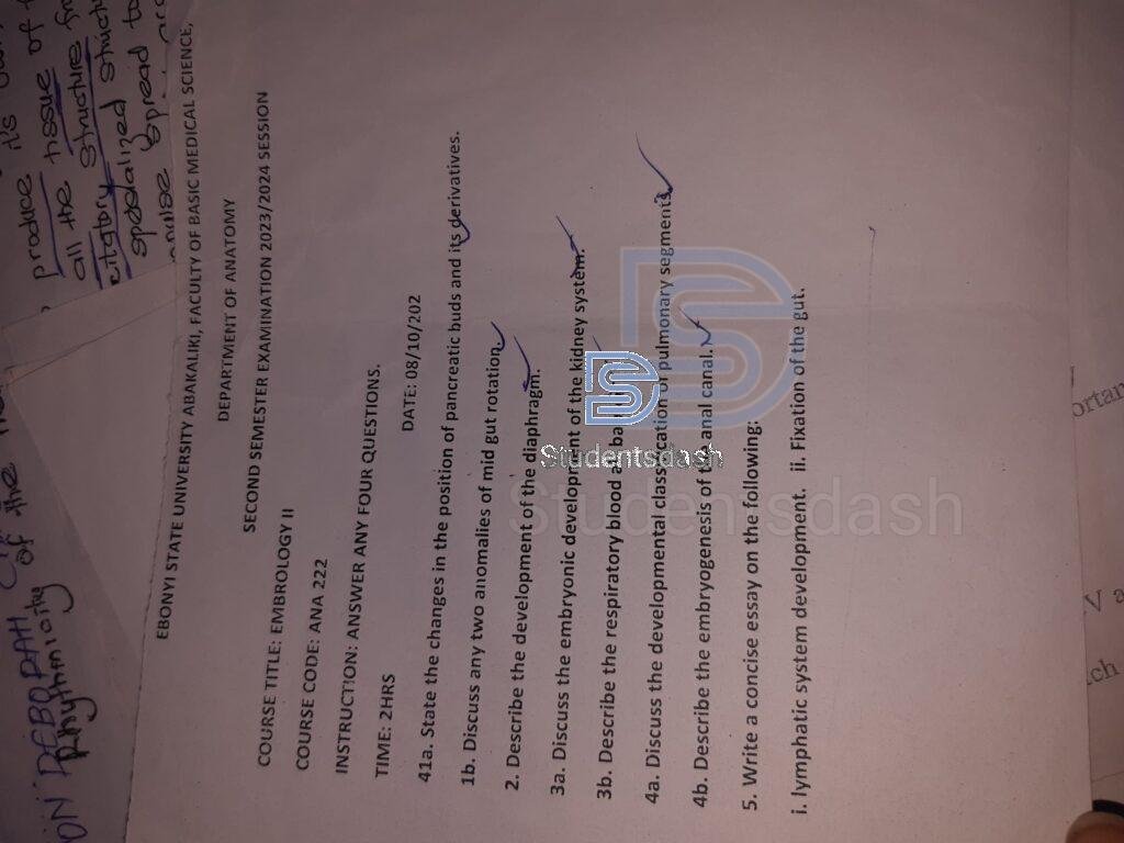 ANA 222 Past Questions and Answers 2024