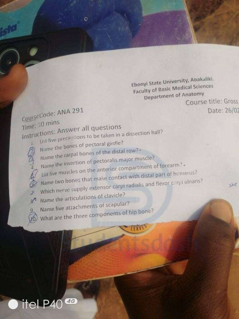 ANA 291 Past Question and Answers
