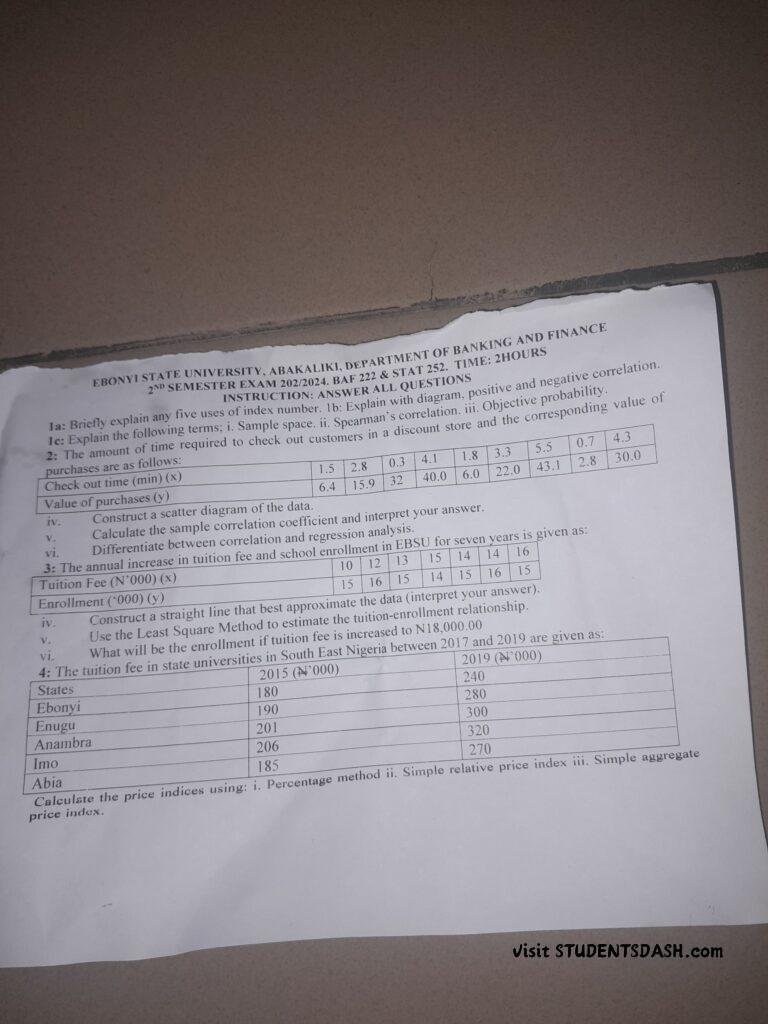 BAF 222 & STA 252 Past Questions and Answers
