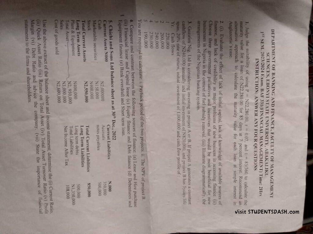 BAF 331 Past Questions and Answers