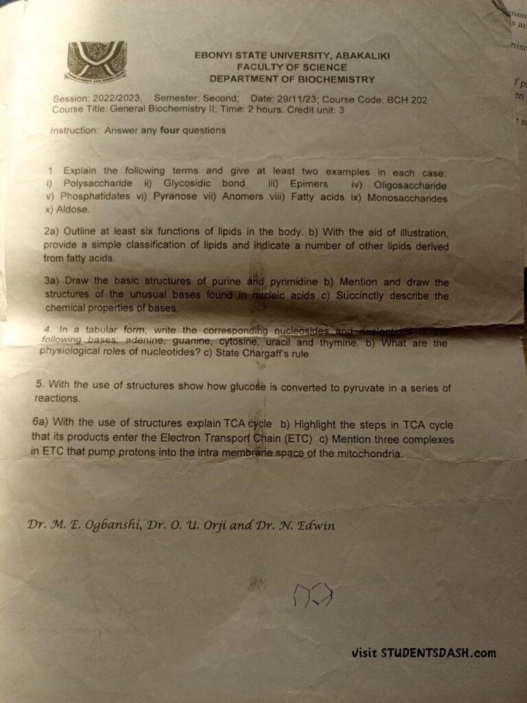 BCH 202 Past Questions and Answers