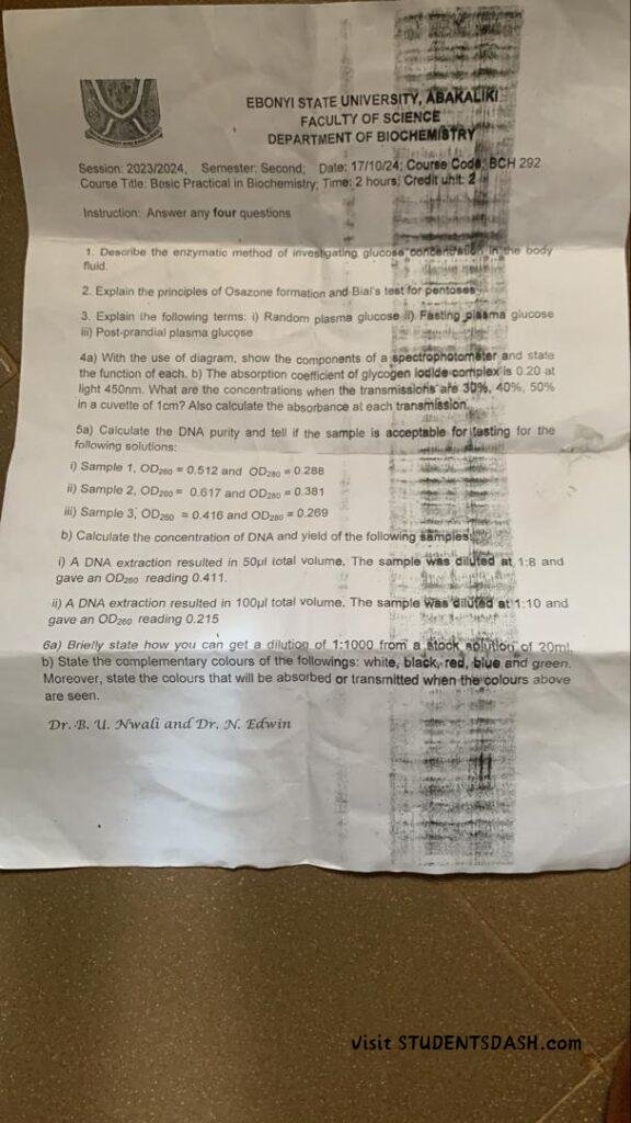 BCH 292 Past Questions and Answers