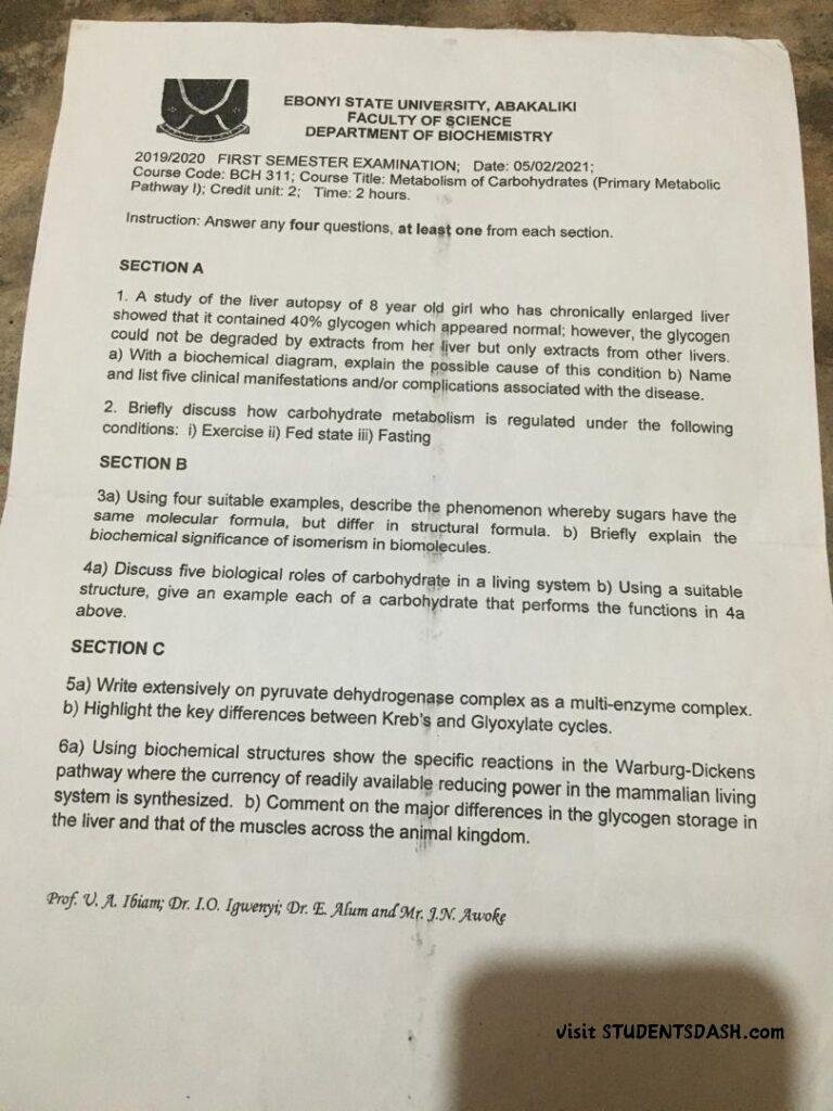 BCH 311 Past Questions and Answers