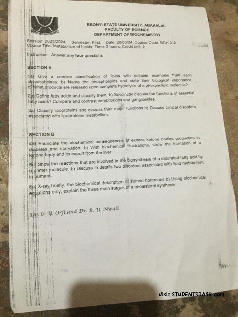 BCH 313 Past Questions and Answer