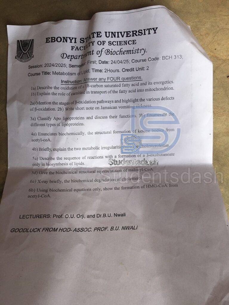 BCH 313 Past Questions and Answers 2025