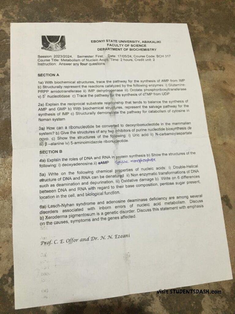BCH 317 Past Questions and Answers