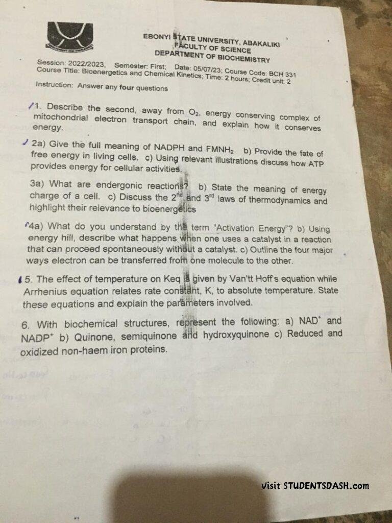 BCH 331 Past Questions and Answer