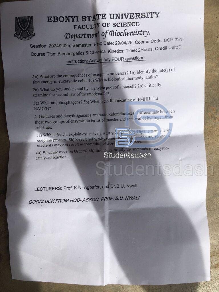 BCH 331 Past Questions and Answers 2025