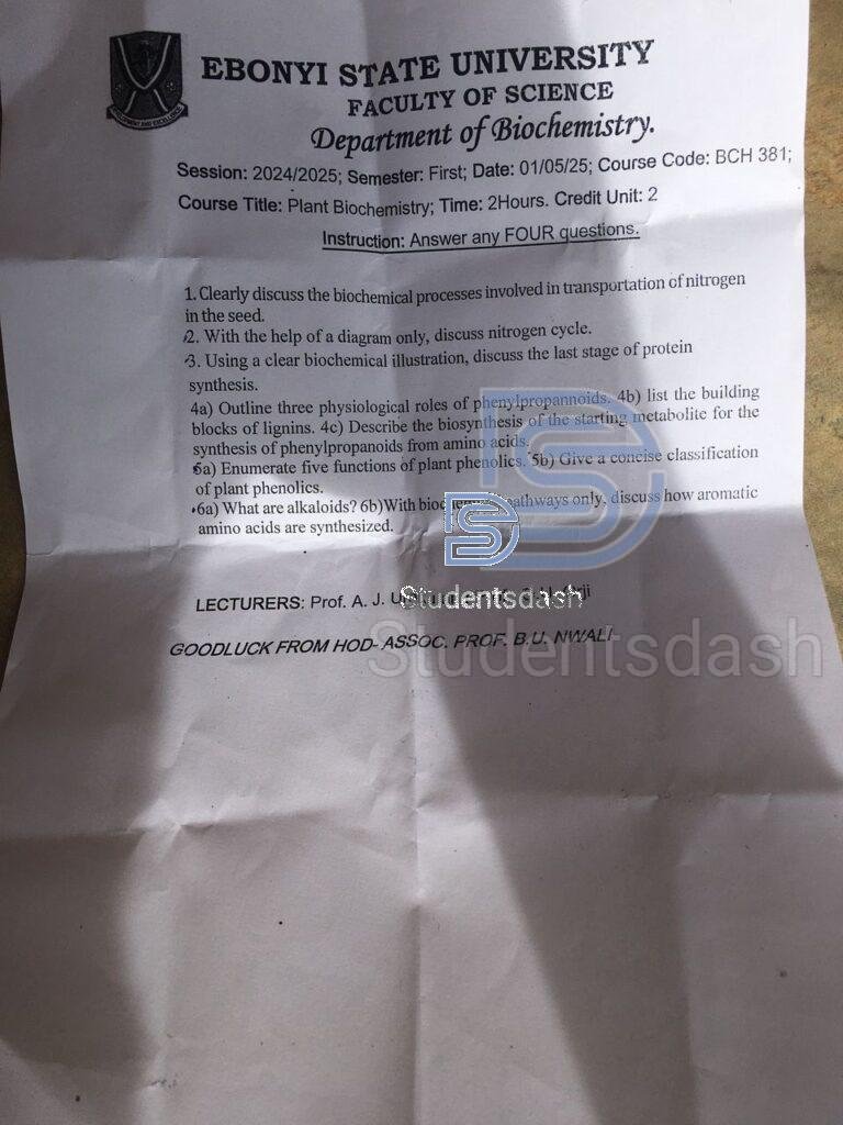 BCH 381 Past Questions and Answers 2025