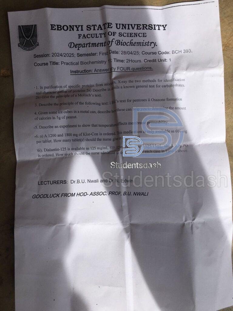 BCH 383 Past Questions and Answers 2025