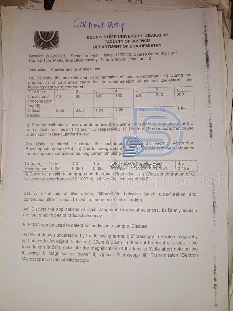 BCH 391 Past Questions and Answers