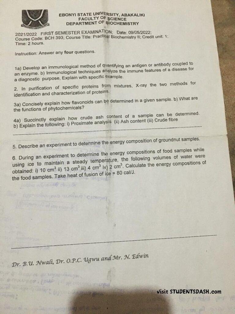BCH 393 Past Questions and Answers