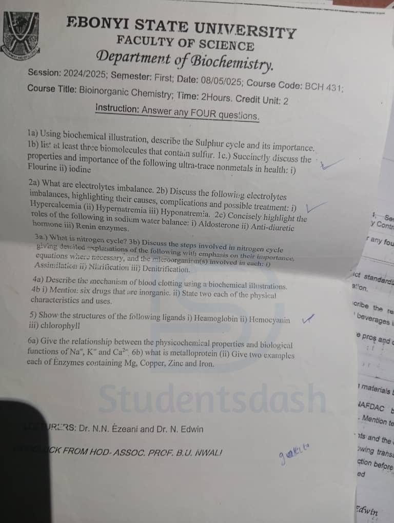 BCH 431 Past Questions and Answers
