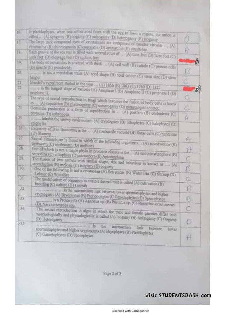 BIO 101 Past Questions and Answers (2016 – Till Date)