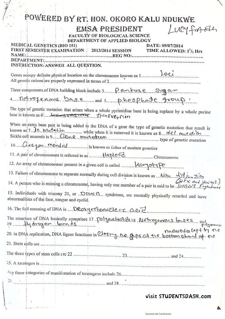 BIO 151 Past Questions and Answers (2012 – Till Date)