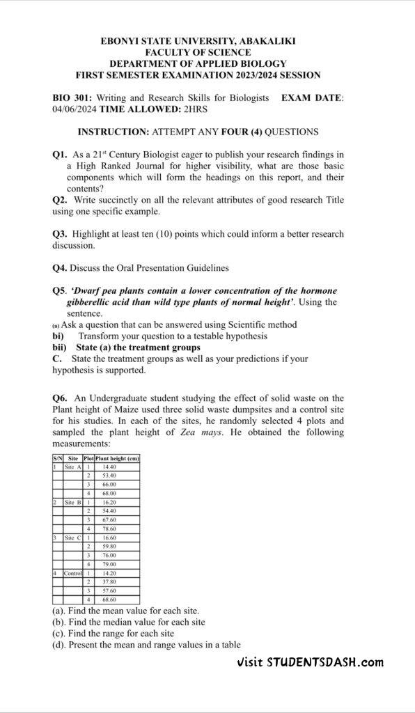 BIO 301 Past Questions and Answers