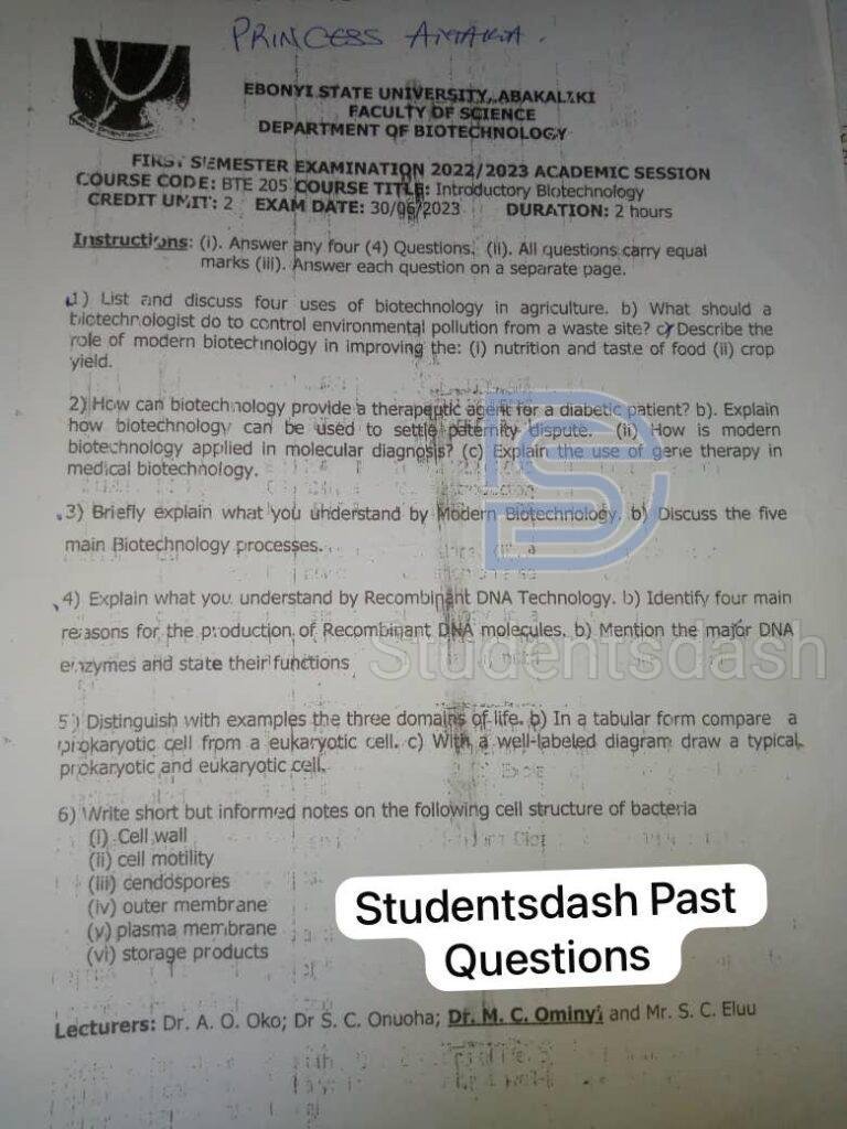 BTE 205 Past Questions and Answers