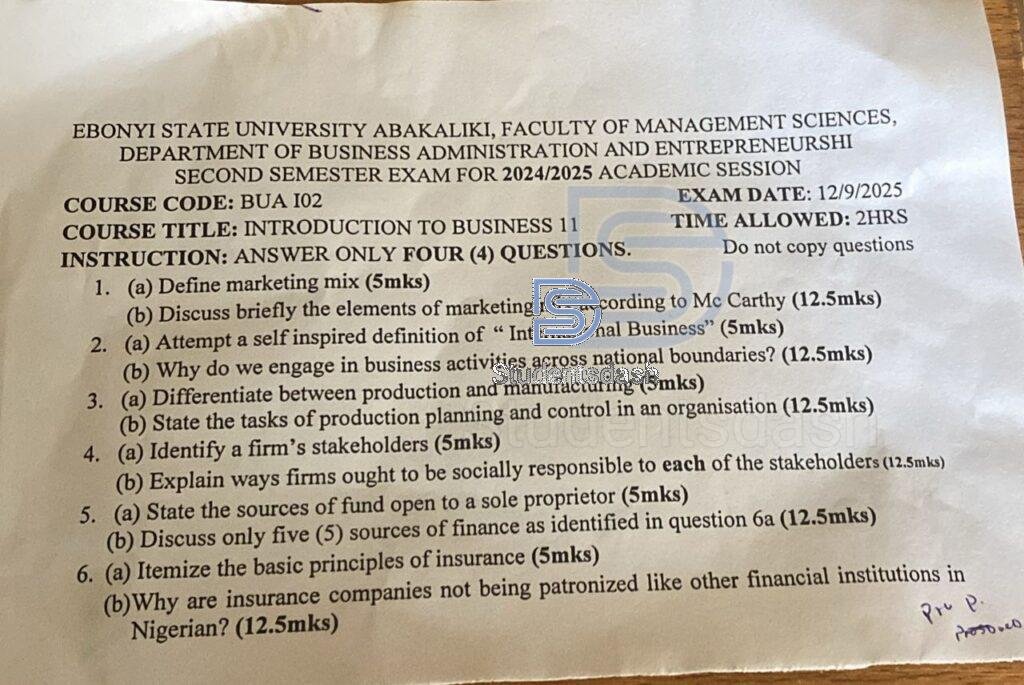 BUA 102 Past Questions and Answers