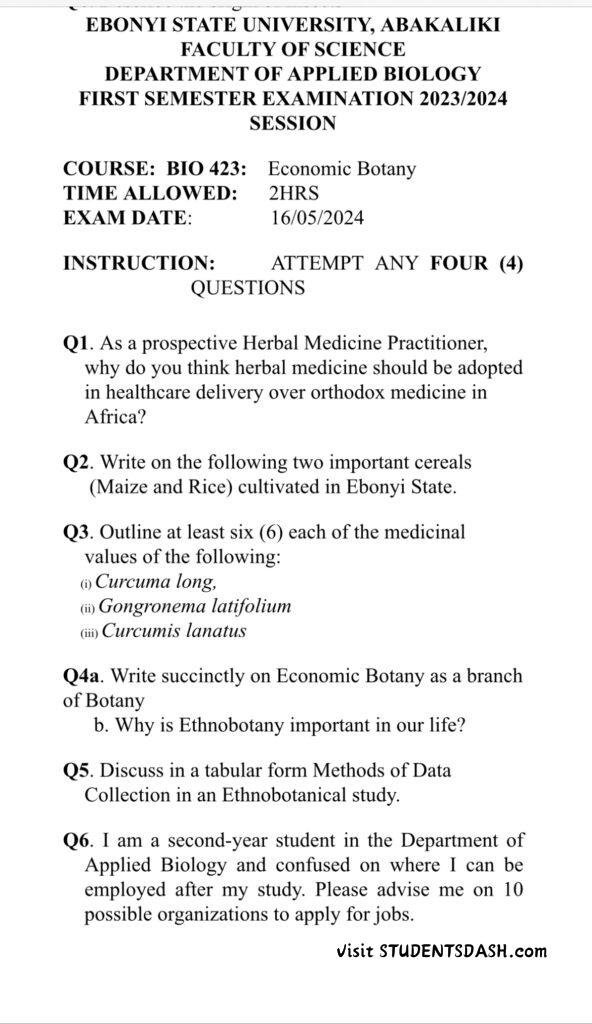 Bio 423 Past Questions and Answers