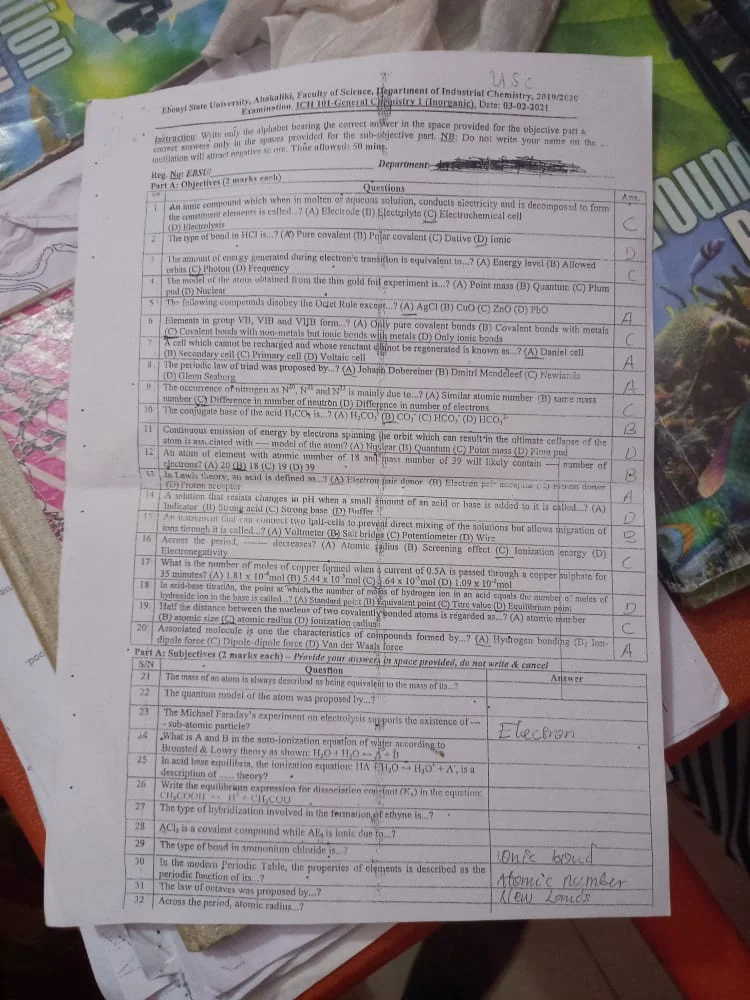 CHM 101 (ICH 101) Past Question and Answers