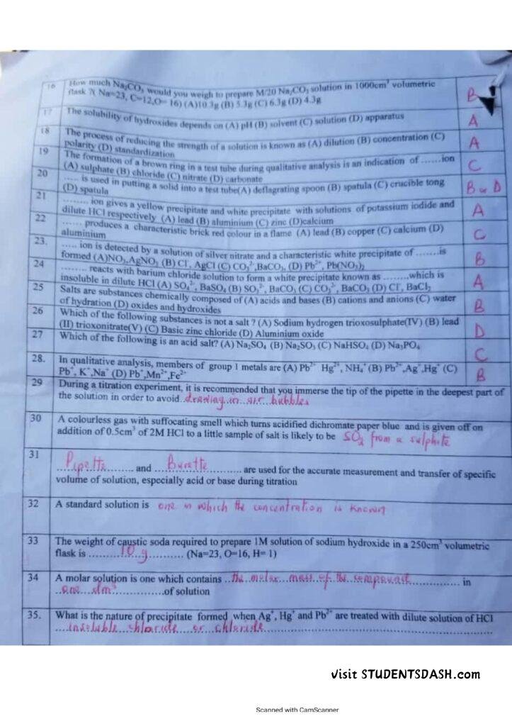 CHM 107 Past Questions and Answers
