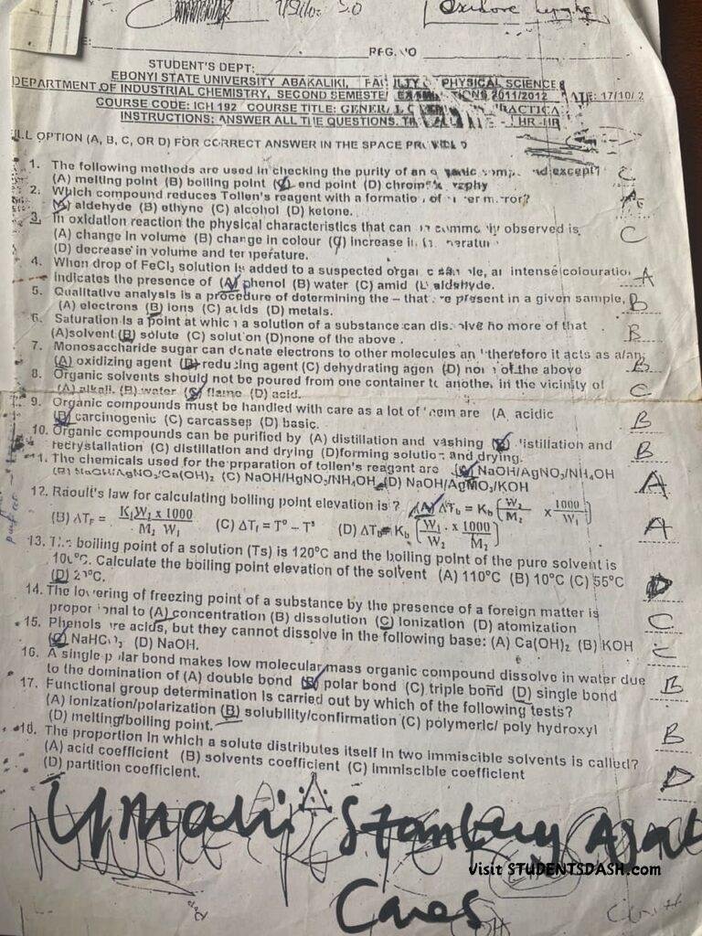 CHM 108 (ICH 192) Past Questions and Answers